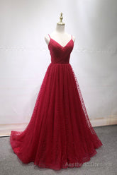 Burgundy V-Neck Tulle Long Prom Dress, A-Line Backless Evening Party Dress